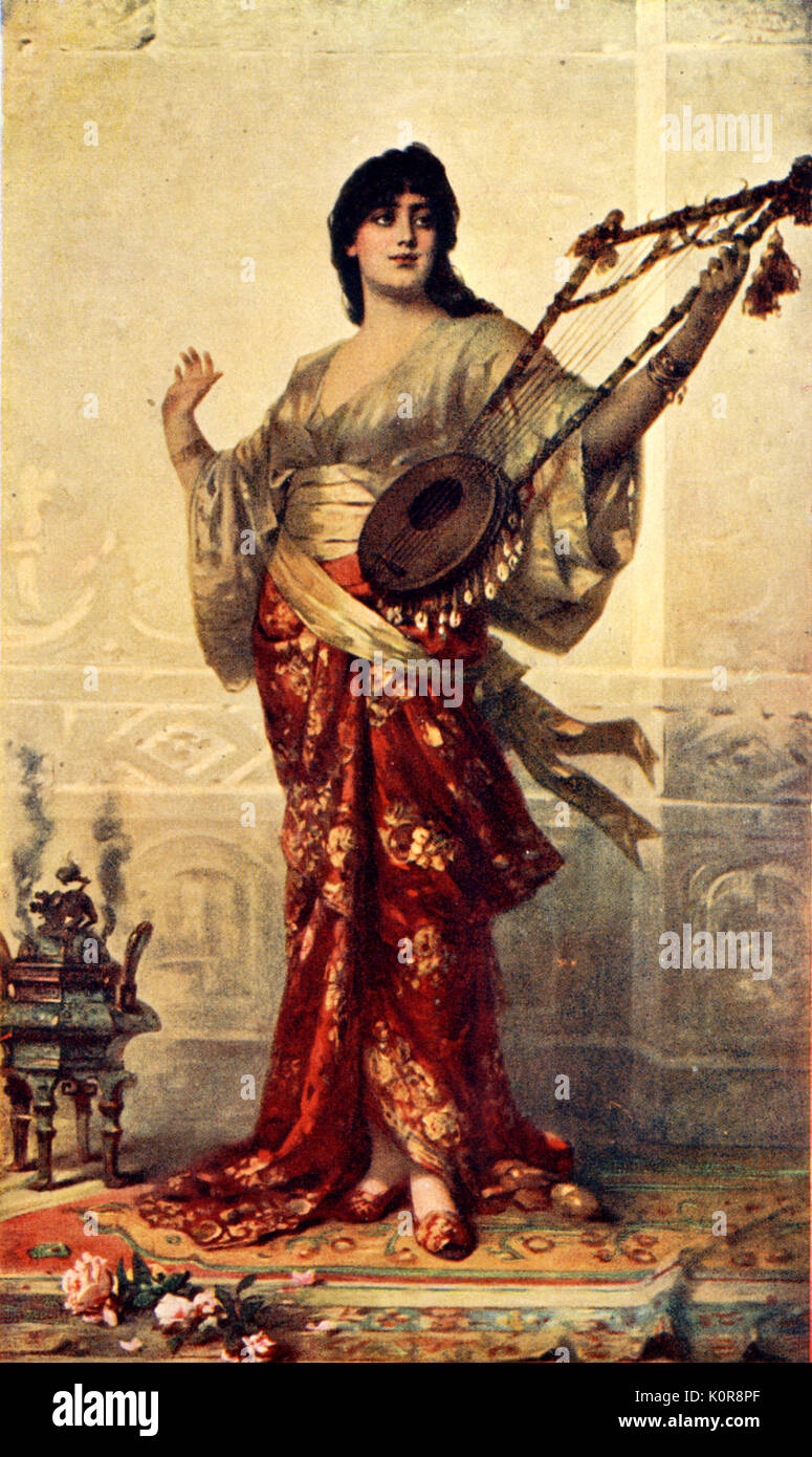 Eurasischen Frau Leier zu spielen. "Tochterrichtlinien der Orient" von Sichel. Postkarte aus Russland Stockfoto