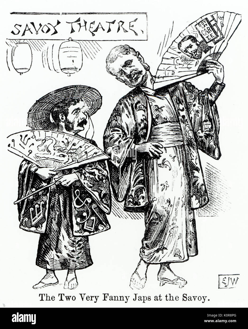W S GILBERT und Arthur Sullivan - Mikado Karikatur signierte EJW (per E J Wheeler im Punch wahrscheinlich 1885 Jahr beim Mikado zuerst durchgeführt. Bildunterschrift liest "Die zwei sehr Fanny Jap im Savoy" (Japan war beliebtes Thema in späten viktorianischen Periode) Stockfoto