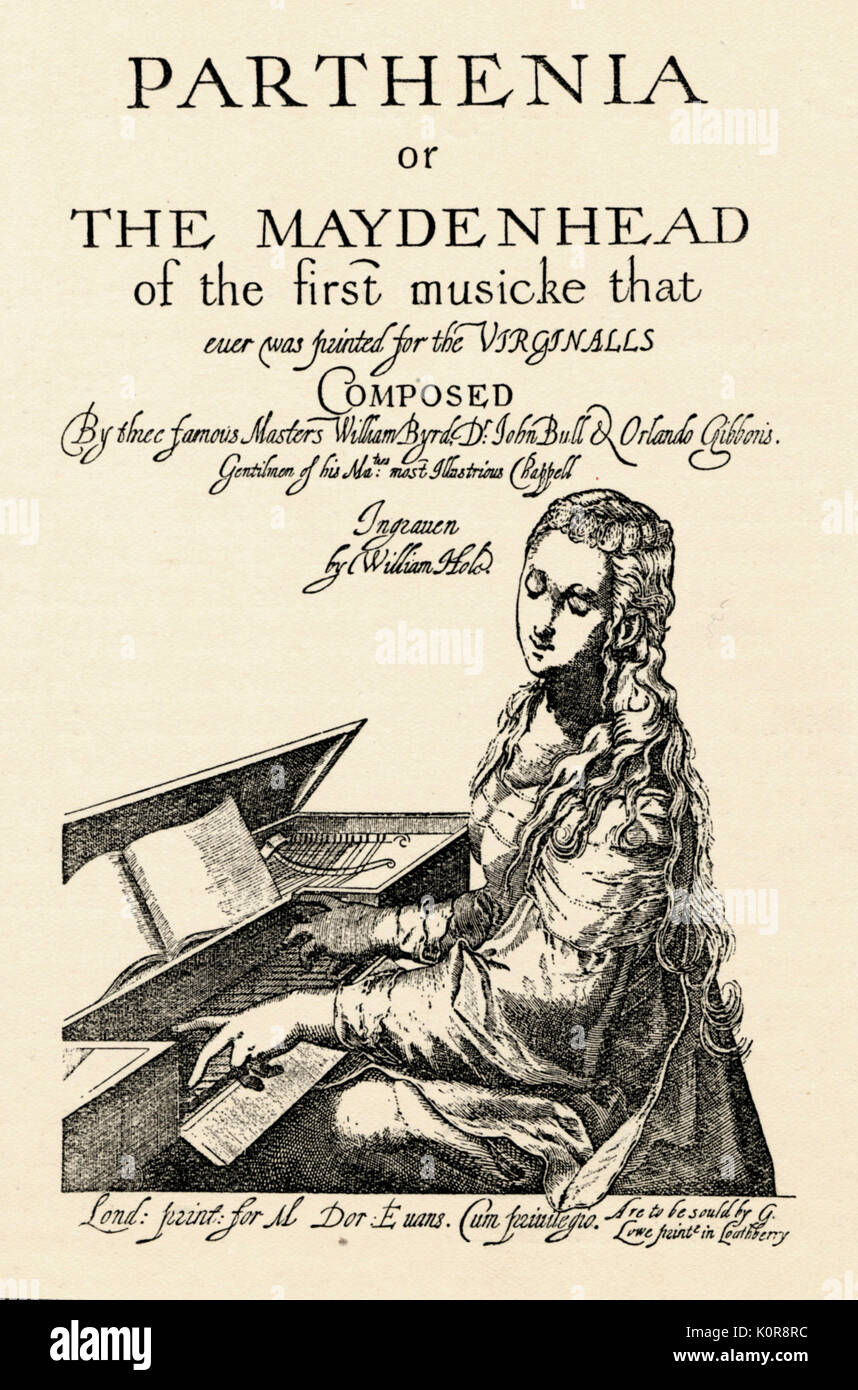 Parthenia oder Der Maydenhead - Titelseite der ersten Sammlung von jungfräulichen Musik in Englisch, London 1612-1613 geschrieben von William Byrd, John Bull und Orlando Gibbons. Pub. G. Lowe Stockfoto