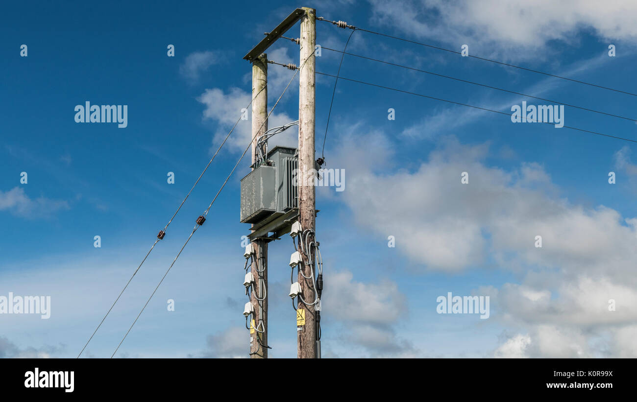 Holzpfähle, durch live Strommasten (Overhead Kabel unterstützt), vor blauem Himmel, Tintagel, Cornwall, England, Großbritannien. Stockfoto