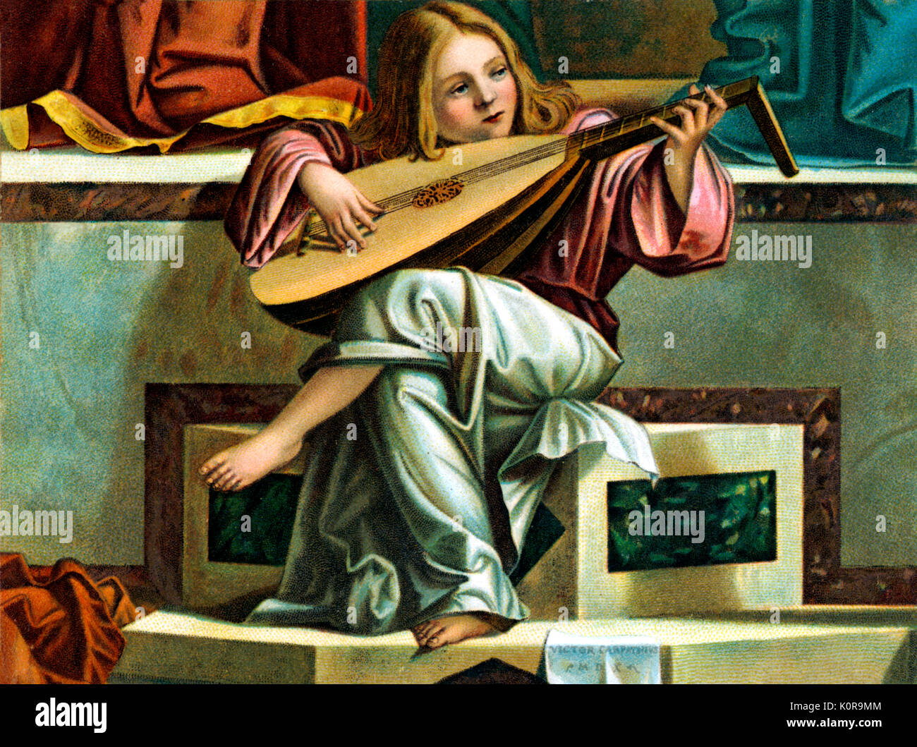 Von Vittore Carpaccio jungen lute Player. Ausschnitt aus "Die Darstellung Jesu im Tempel" 1510 von S. Giobbe altarpieice, Venedig. Junge Musiker sitzt an den Füßen von Maria und Jesus. Er stellt "Harmonie". Carpaccio (1489-1522) Renaissance. Italien Stockfoto
