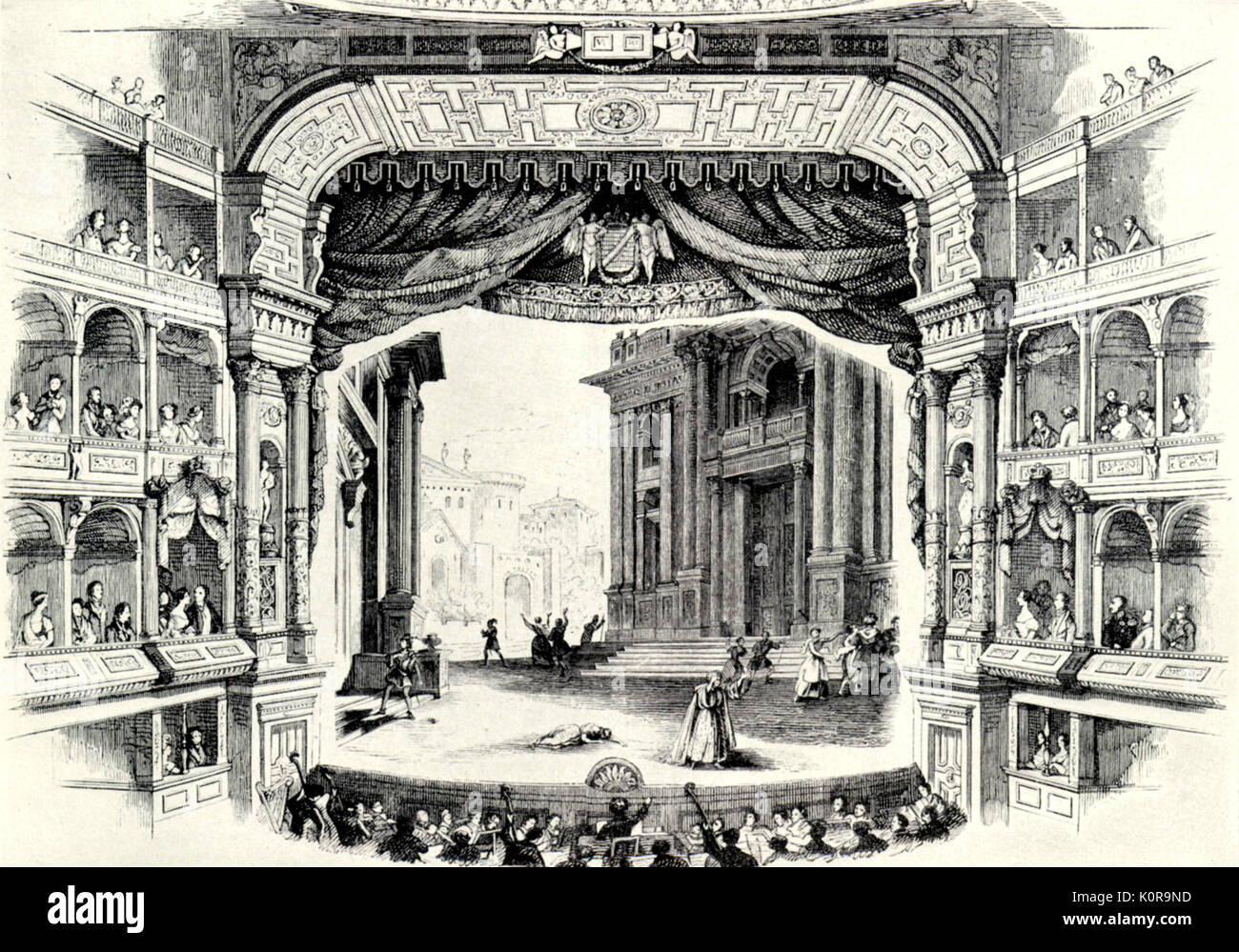 Wagner. Rienzi. Szene aus "Première am Dresdner Hoftheater am 20. Oktober 1842. Vierter Akt, letzte Szene. Von einem Stich im Jahr 1843 gemacht. Stockfoto