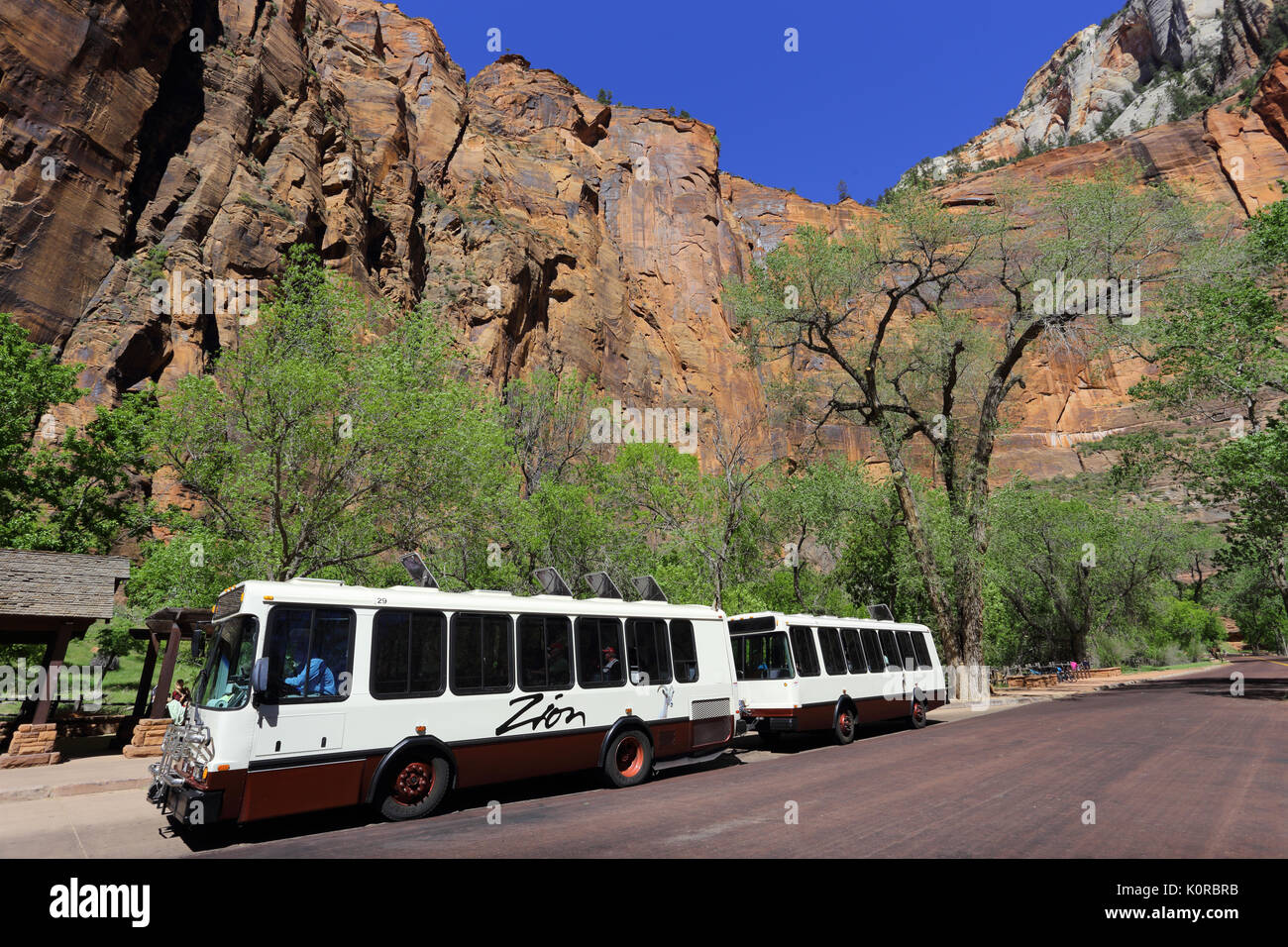 Shuttle Bus stop Zion National Park, Utah USA Stockfoto