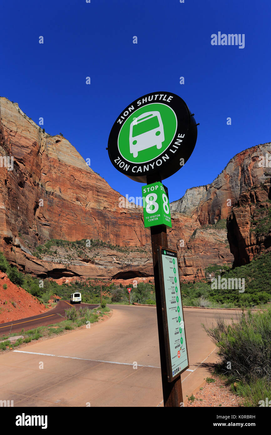 Zion National Park Shuttle Bus stop Utah Usa Stockfoto