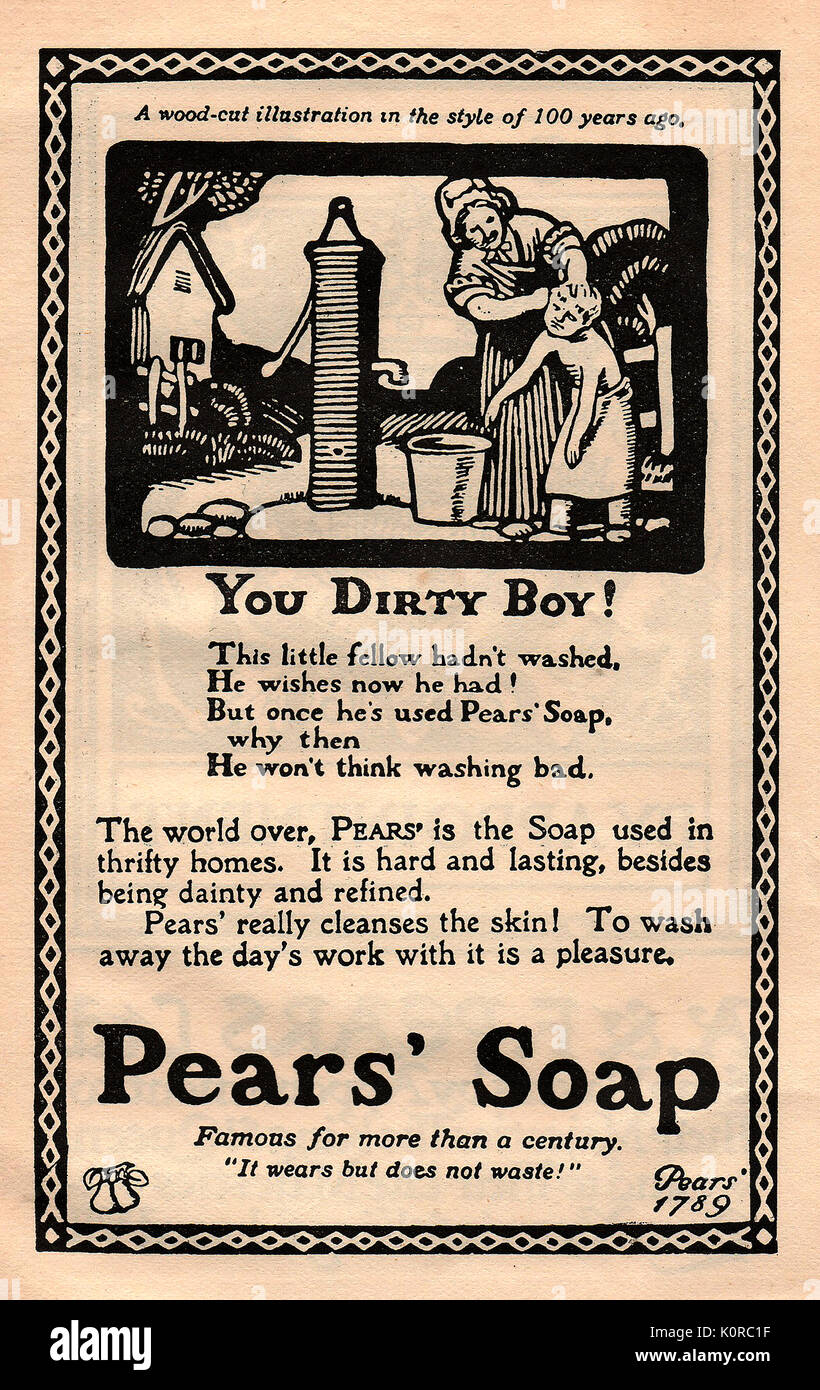 Ein 1916 Werbung für die Birne Seife in Form eines alten Holzschnitt zeigt eine Frau, eine Waschmaschine, ein Kind an einem externen Wasserpumpe Stockfoto
