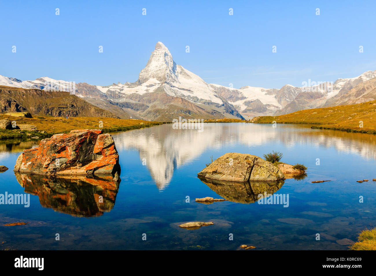 Zermatt, Schweiz. Reflexion des Matterhorns in Stellisee See. Stockfoto