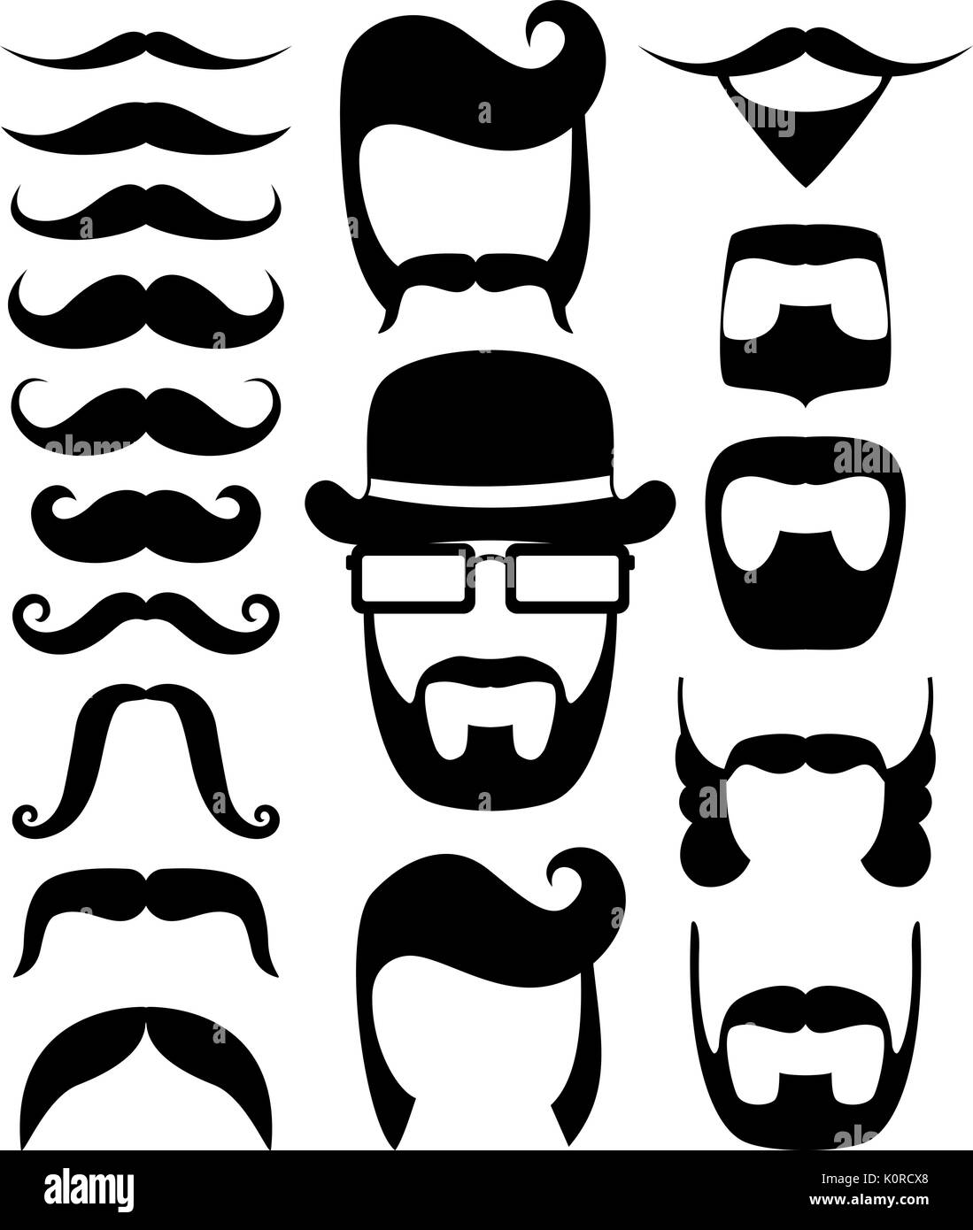 Einstellen der schwarzen Schnurrbart und Bart Silhouetten, Designelemente für Party props auf weißem Hintergrund Stock Vektor
