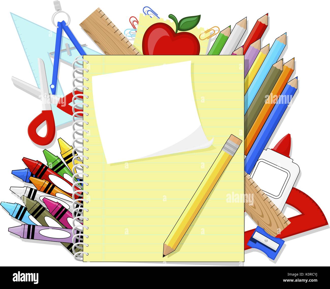 Schule Bildung liefert Produkte und Notiz Buch auf weißem Hintergrund, im Vektorformat sehr einfach zu bearbeiten, einzelne Objekte, nur feste Farben, Stock Vektor