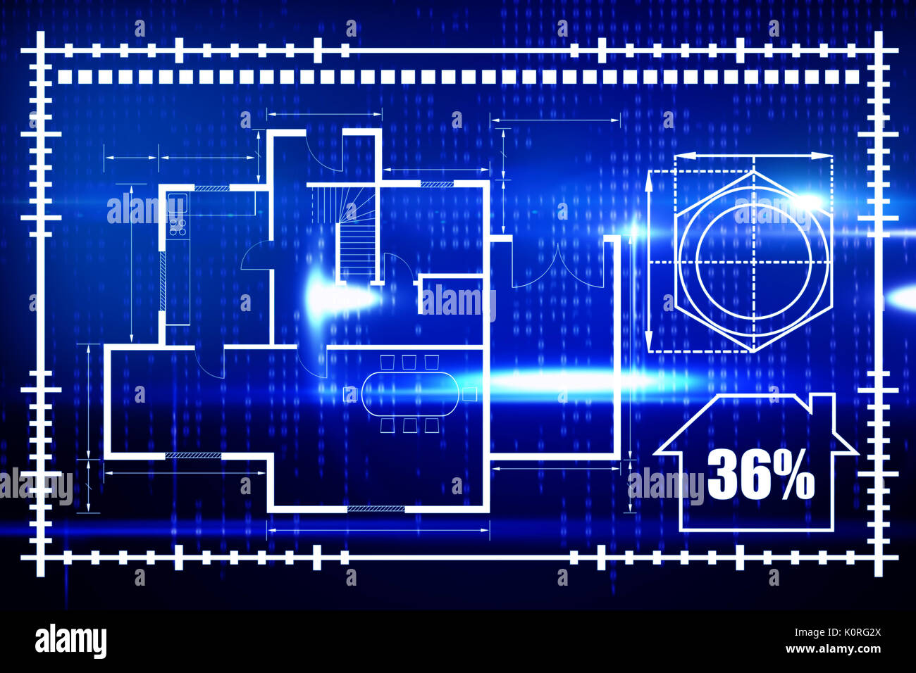 Digitales Bild von Haus blueprint gegen den blauen Technologie Schnittstelle mit binären Code Stockfoto