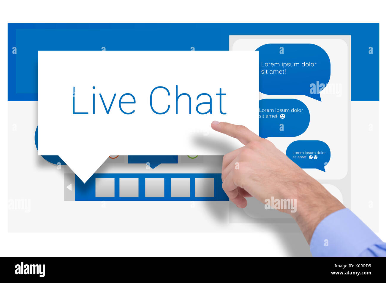 Hand eines Geschäftsmannes, der etwas gegen Sprechblasen mit Live Chat Stockfoto