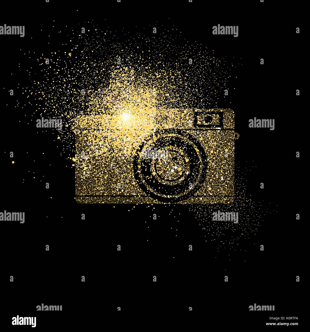 Vintage Kamera symbol Konzeption Illustration, gold Fotografie Symbol aus realistischen Golden glitter Staub auf schwarzen Hintergrund. EPS 10 Vektor. Stock Vektor