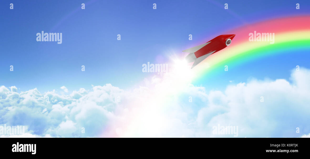 Rote und weiße Rakete Spielzeug gegen weißen Bildschirm gegen die idyllische Aussicht von cloudscape gegen Sky Stockfoto