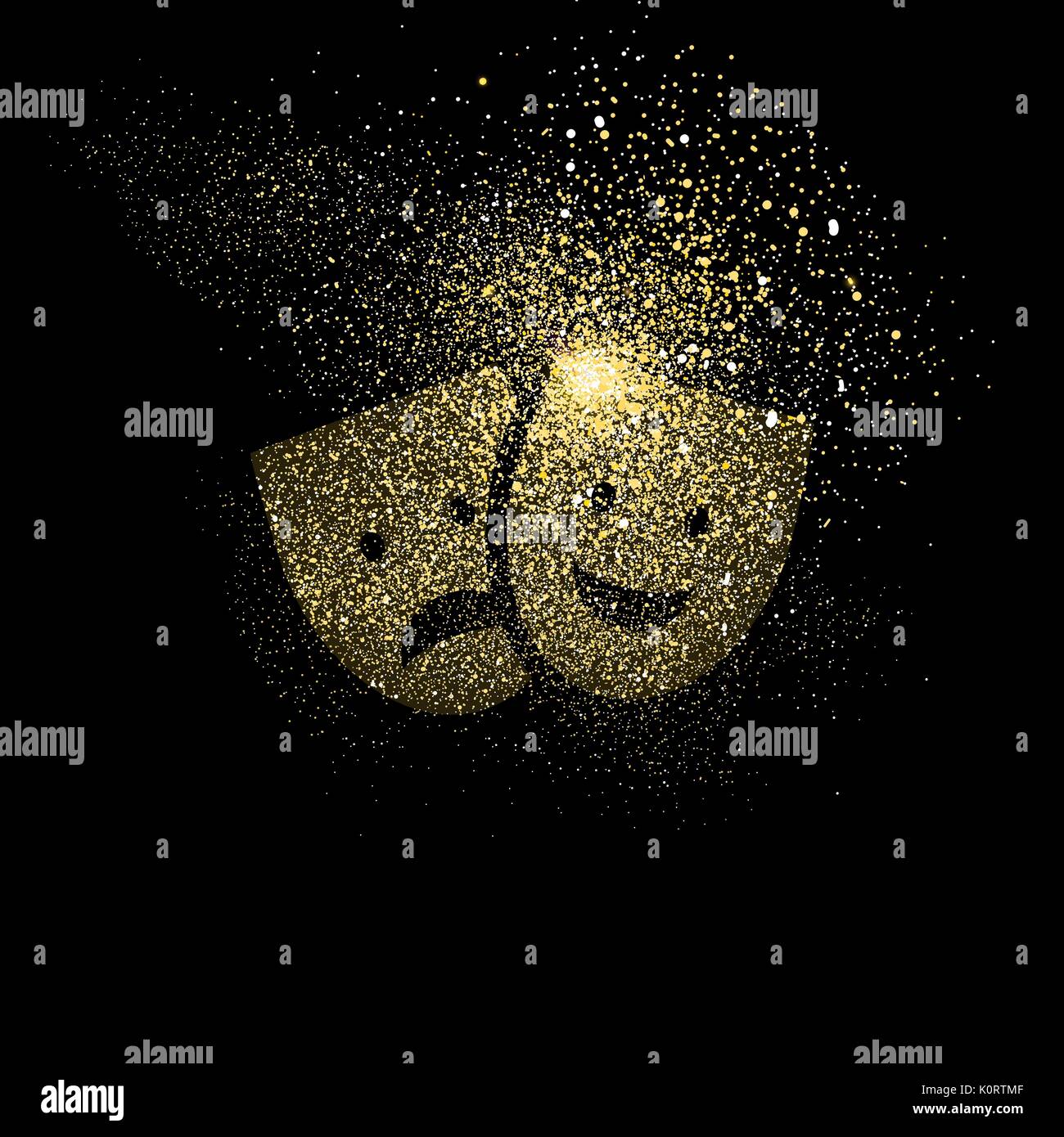 Theater Maske symbol Konzeption Illustration, gold Unterhaltung Symbol aus realistischen Golden glitter Staub auf schwarzen Hintergrund. EPS 10 Vektor. Stock Vektor