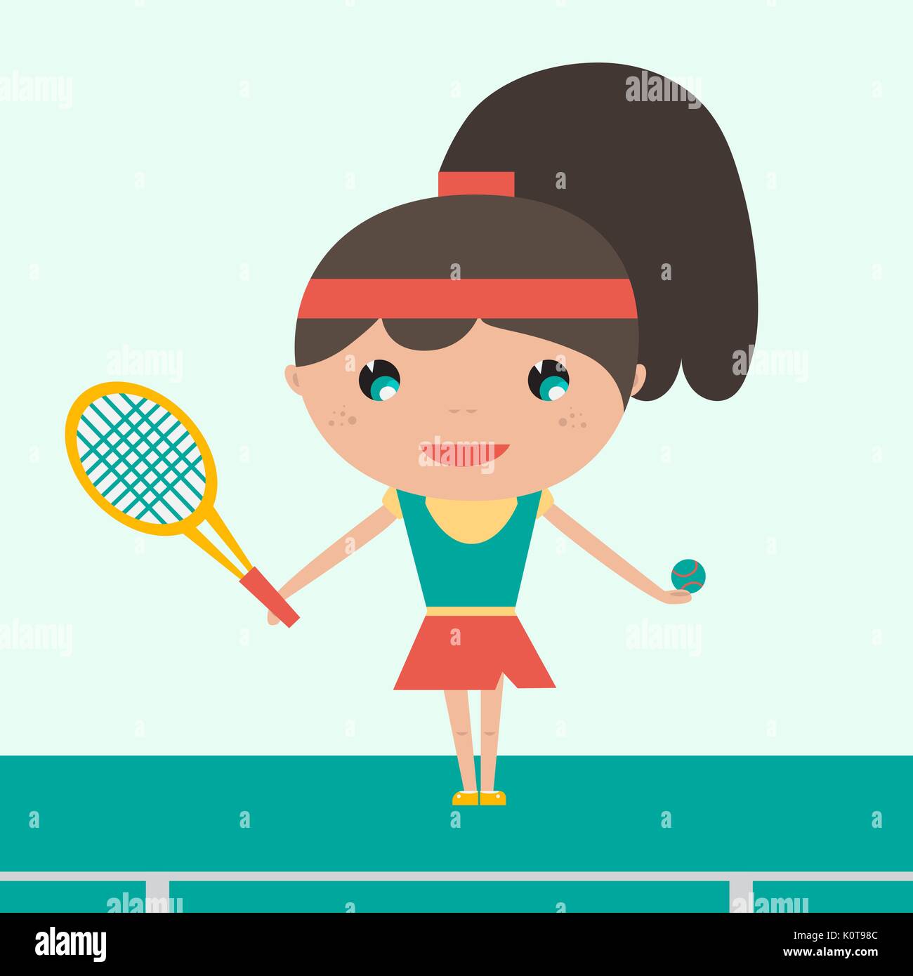 Lächelnd Sportlerin Junge tennis Spieler mit Schläger und Ball. Fröhliche Frau Tennis spielen. Vektor flache Design Illustration. Horizontales Layout Stock Vektor