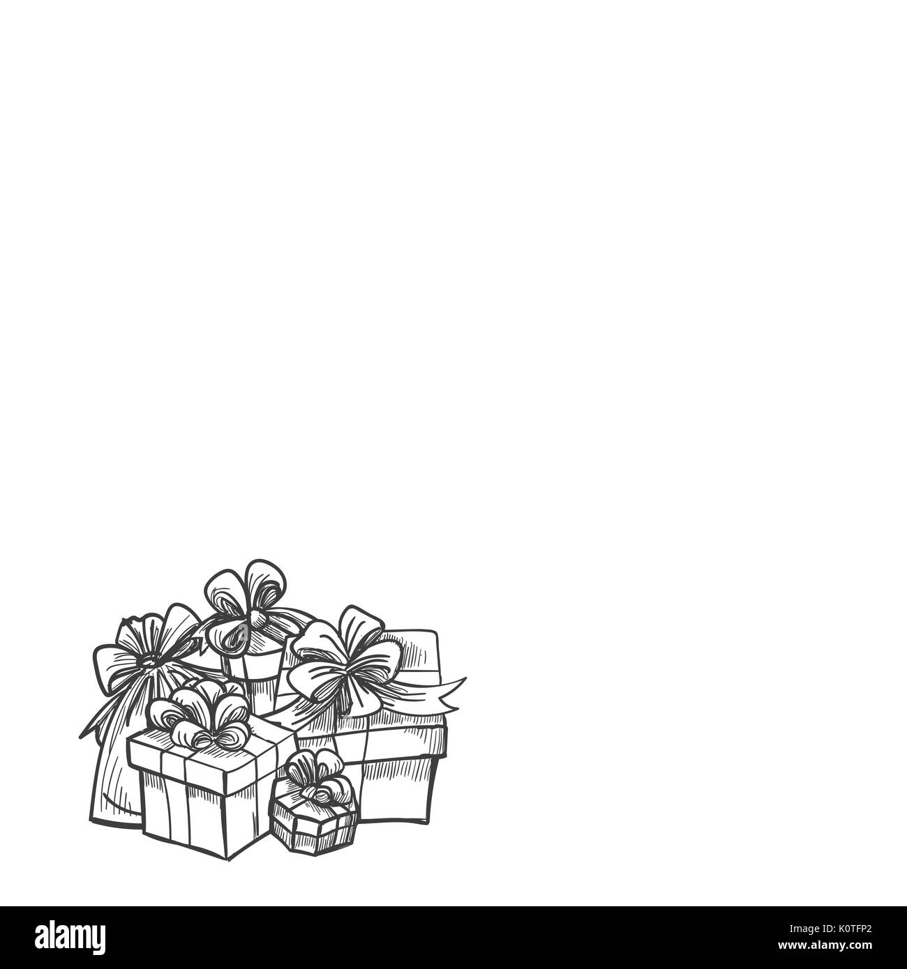 Hand gezeichnet Geschenkboxen auf weißem Hintergrund. Vector Illustration Stock Vektor