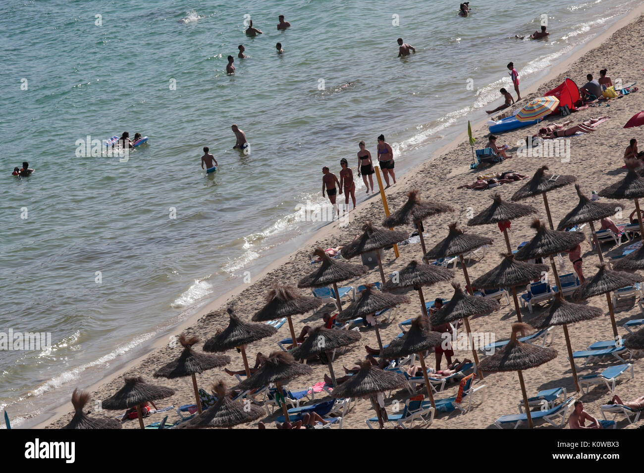 Touristen schwimmen oder genießen Sie maritimen Tätigkeiten, wie sie in den Strand von Magaluf in der spanischen Baleareninsel Mallorca sunbatthe Stockfoto