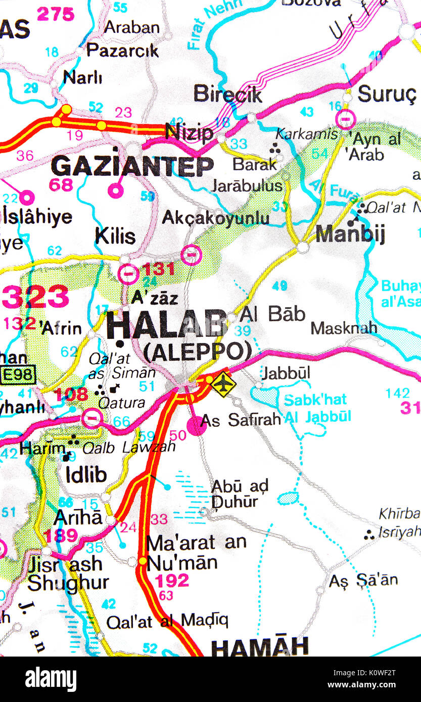 Halab Aleppo Gaziantep Karte Stadtplan Stadtplan Stockfoto, Bild