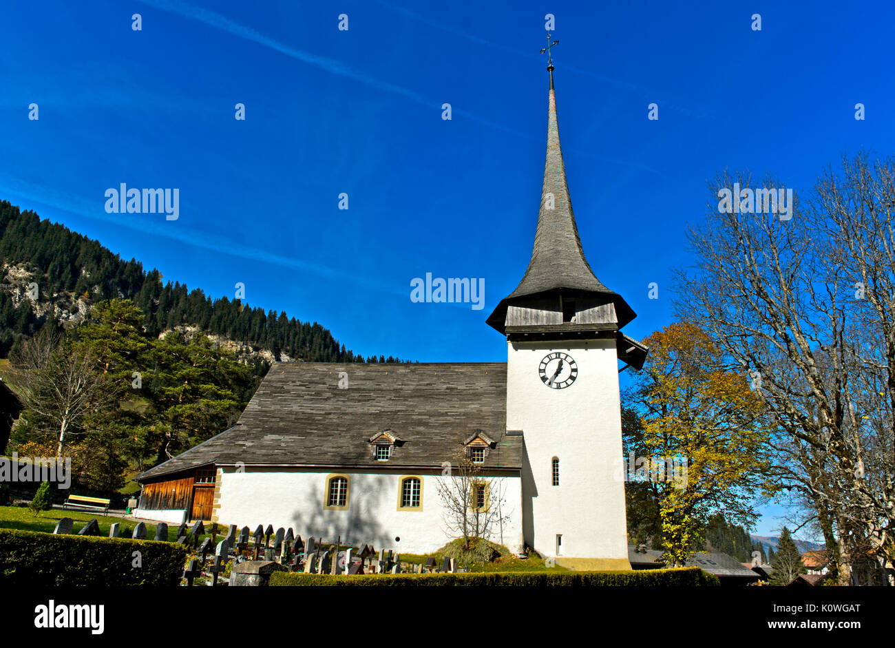 Reformierte Kirche, Gsteig bei Gstaad, Kanton Bern, Schweiz Stockfoto