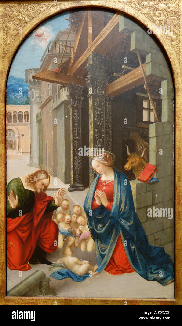 Die Anbetung des Kindes durch Girolamo Giovenone, Italien (Piemont), C. 1510 1555, Öl und Tempera auf Holz und Gold panel Chazen Museum für Kunst DSC 02059 Stockfoto