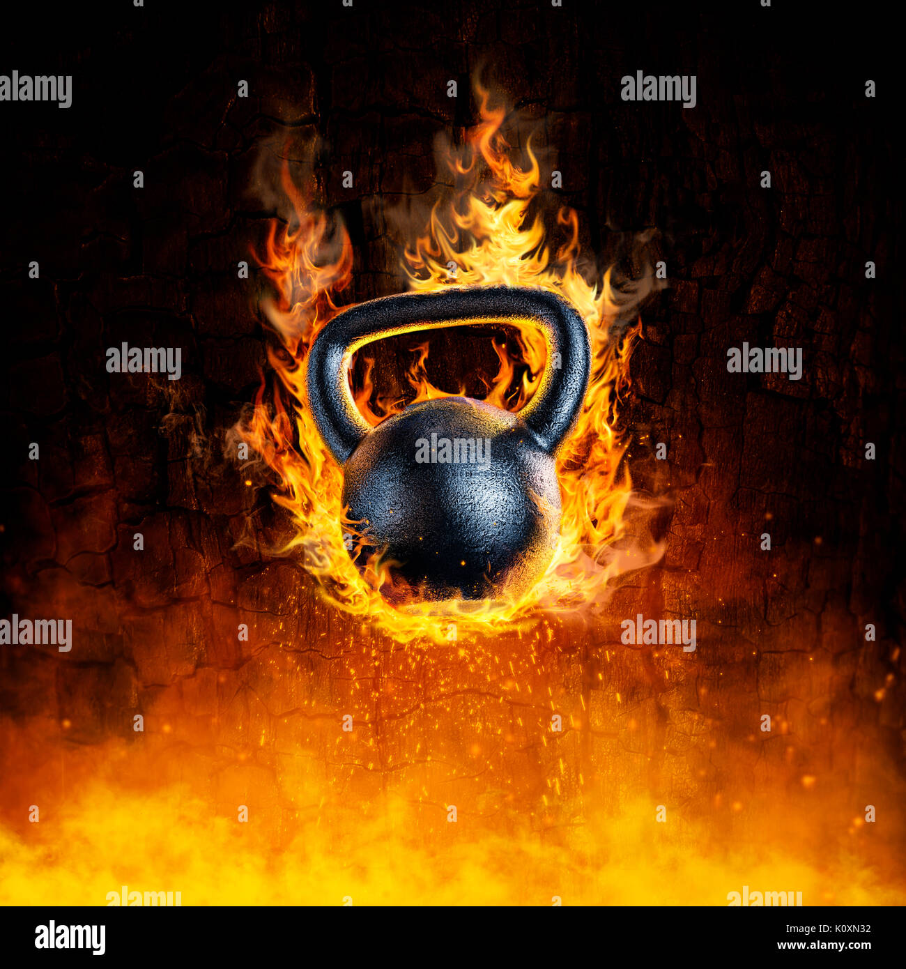 Brennende kettlebell Konzept-/3D-Render von Heavy Metal kettlebell in Flammen Stockfoto