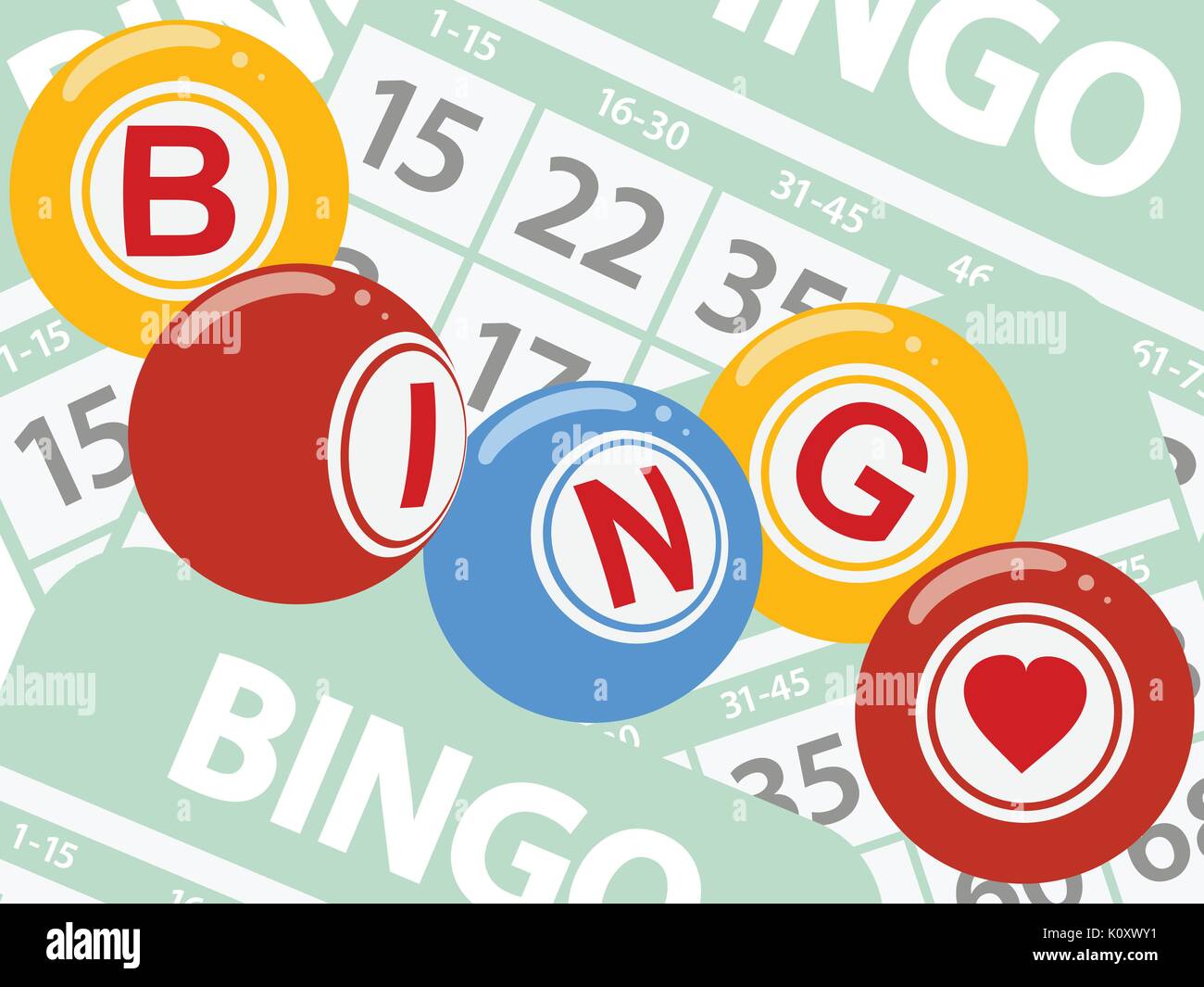 Zeichenstil Bingo Lotterie Kugeln über Grüne Bingo Karten Hintergrund Stock Vektor