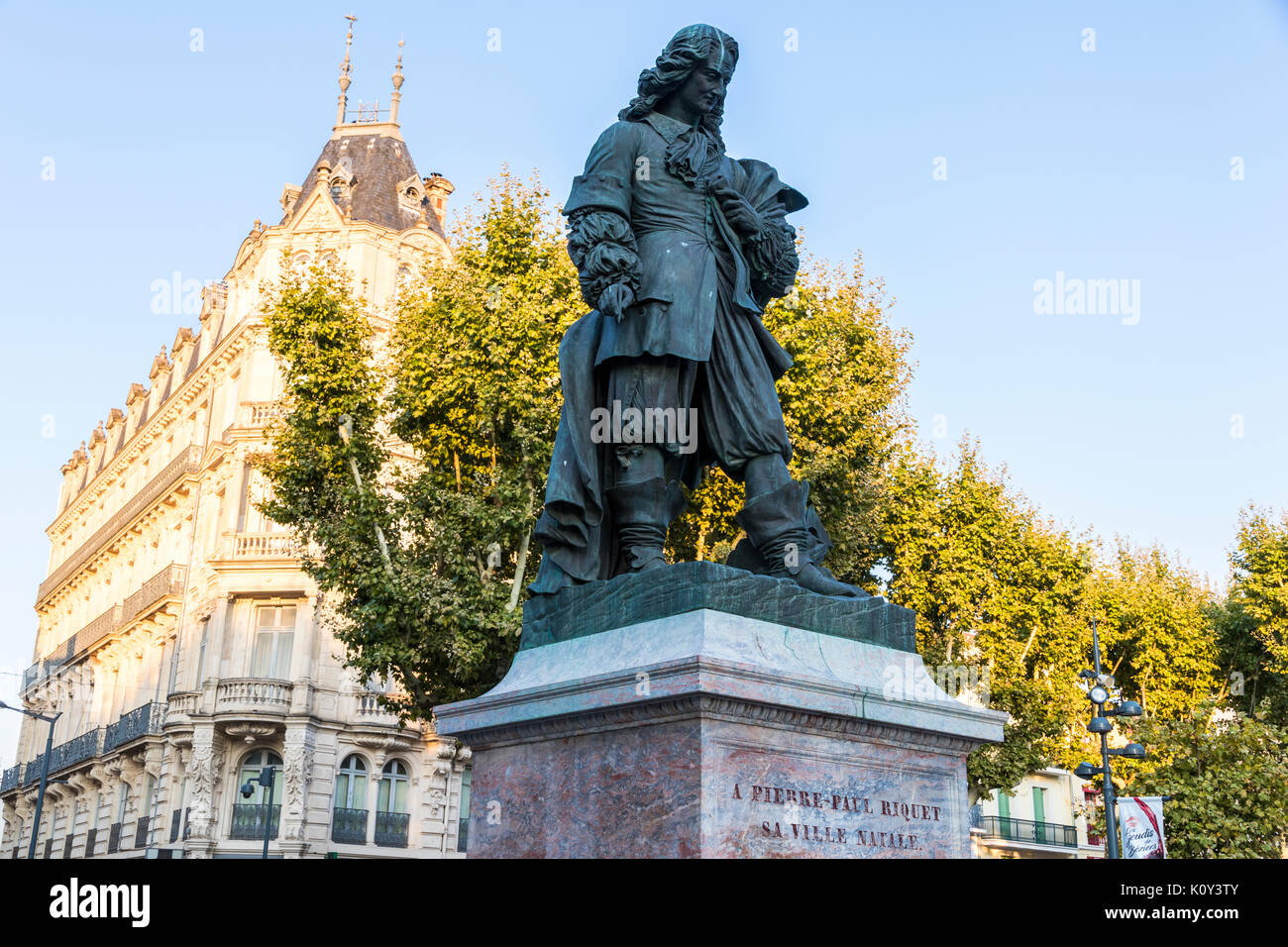 Ein Denkmal für Pierre-Paul Riquet, Ingenieur und Kanal-builder verantwortlich für den Bau des Canal du Midi, in seiner Heimatstadt von Beziers, Frankreich Stockfoto