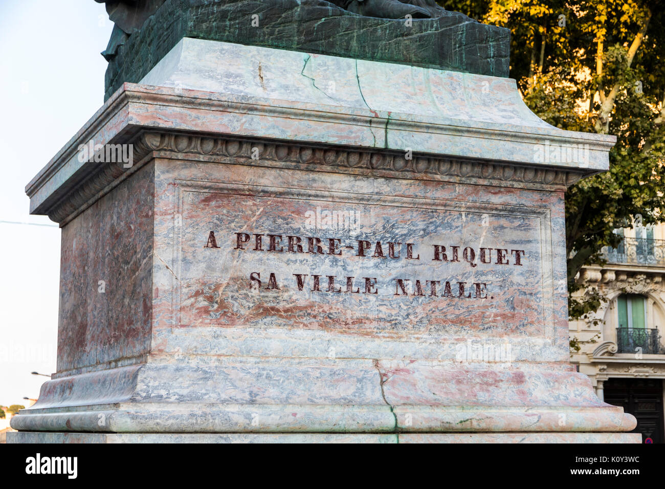 Ein Denkmal für Pierre-Paul Riquet, Ingenieur und Kanal-builder verantwortlich für den Bau des Canal du Midi, in seiner Heimatstadt von Beziers, Frankreich Stockfoto