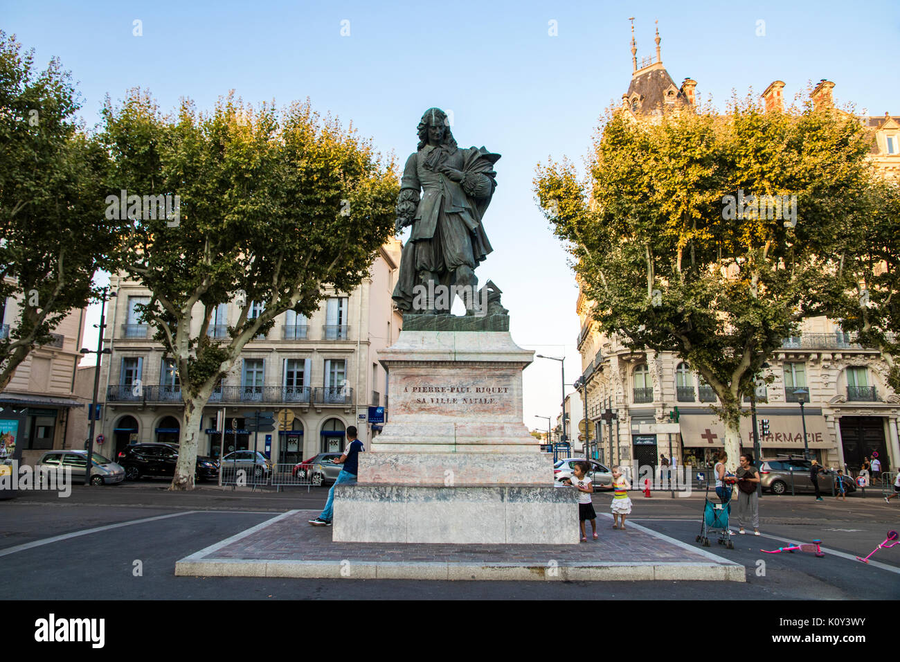 Ein Denkmal für Pierre-Paul Riquet, Ingenieur und Kanal-builder verantwortlich für den Bau des Canal du Midi, in seiner Heimatstadt von Beziers, Frankreich Stockfoto