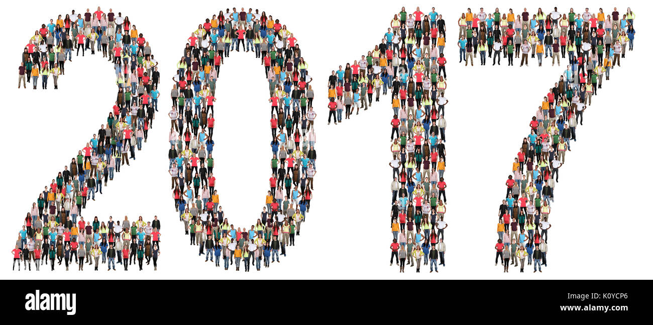 Jahr 2017 Vorabend des neuen Jahres der Menschen auf weißem Hintergrund Stockfoto