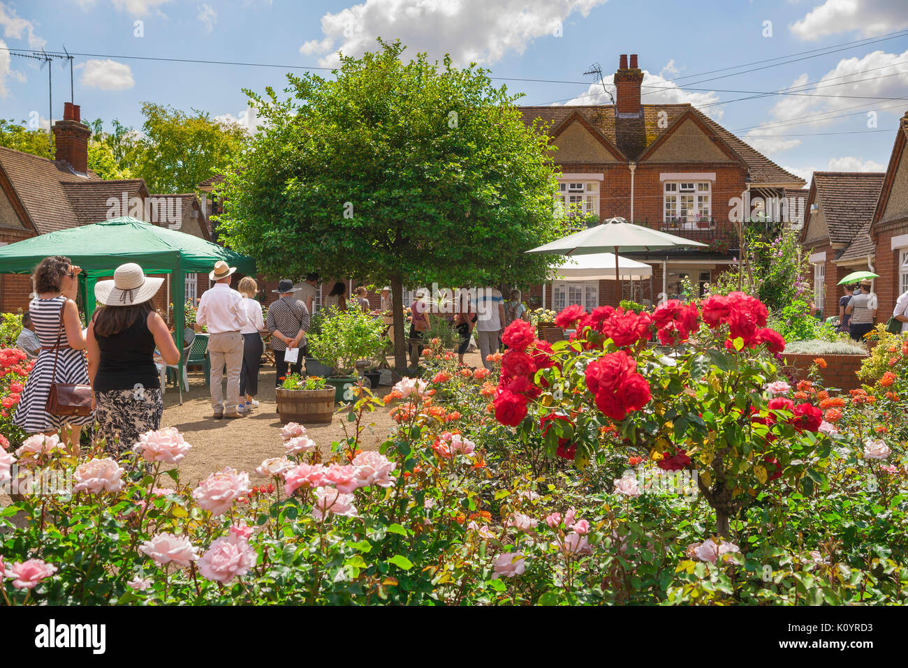 Sommer Garden Party, an einem Sommernachmittag Menschen besuchen den Garten des Maynewater Lane Almosen Häuser in Bury St Edmunds offenen Gärten Tag, Suffolk, Großbritannien Stockfoto