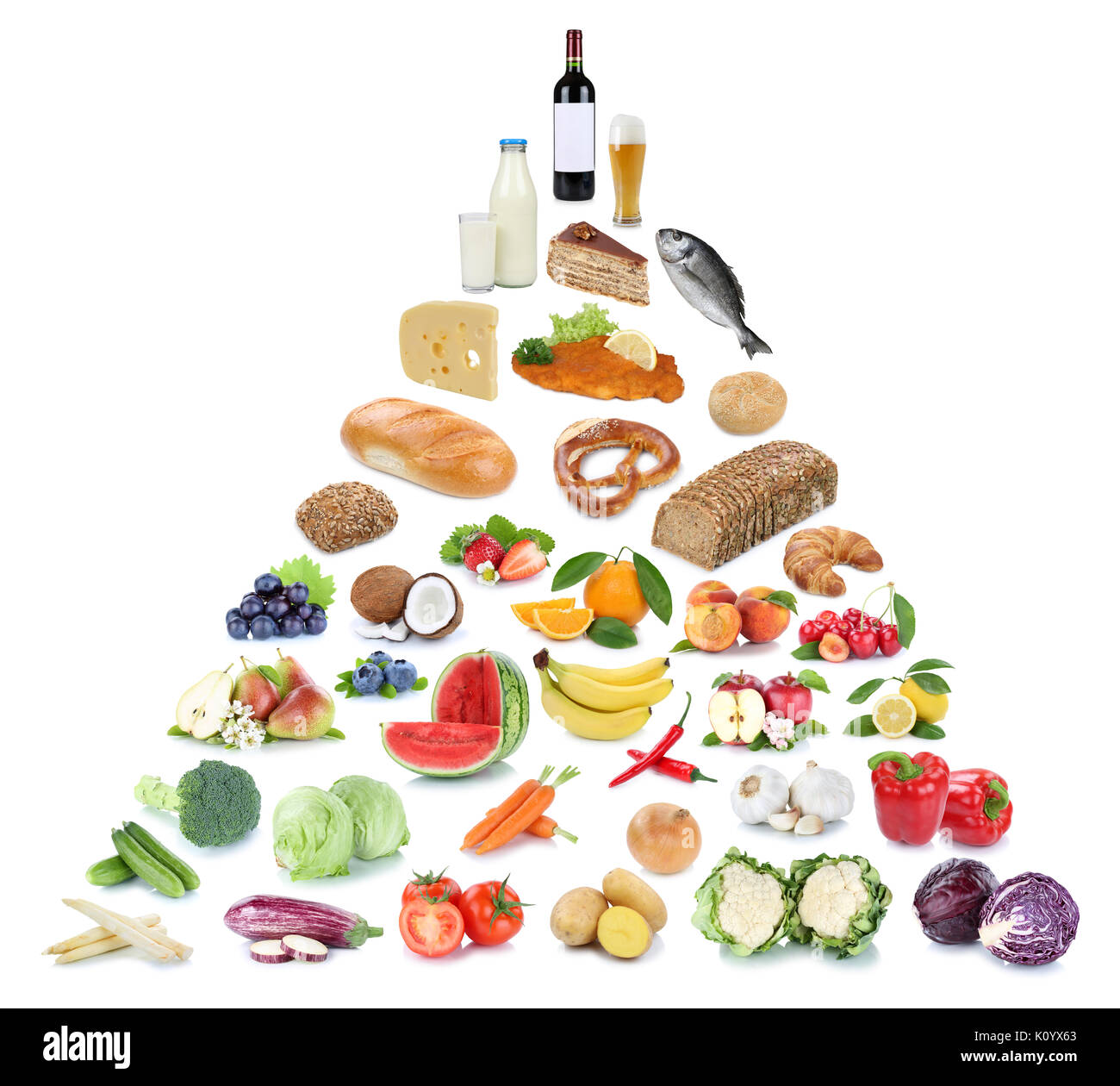 Lebensmittelpyramide gesunde Ernährung Obst und Gemüse Obst Collage auf weißem Hintergrund Stockfoto