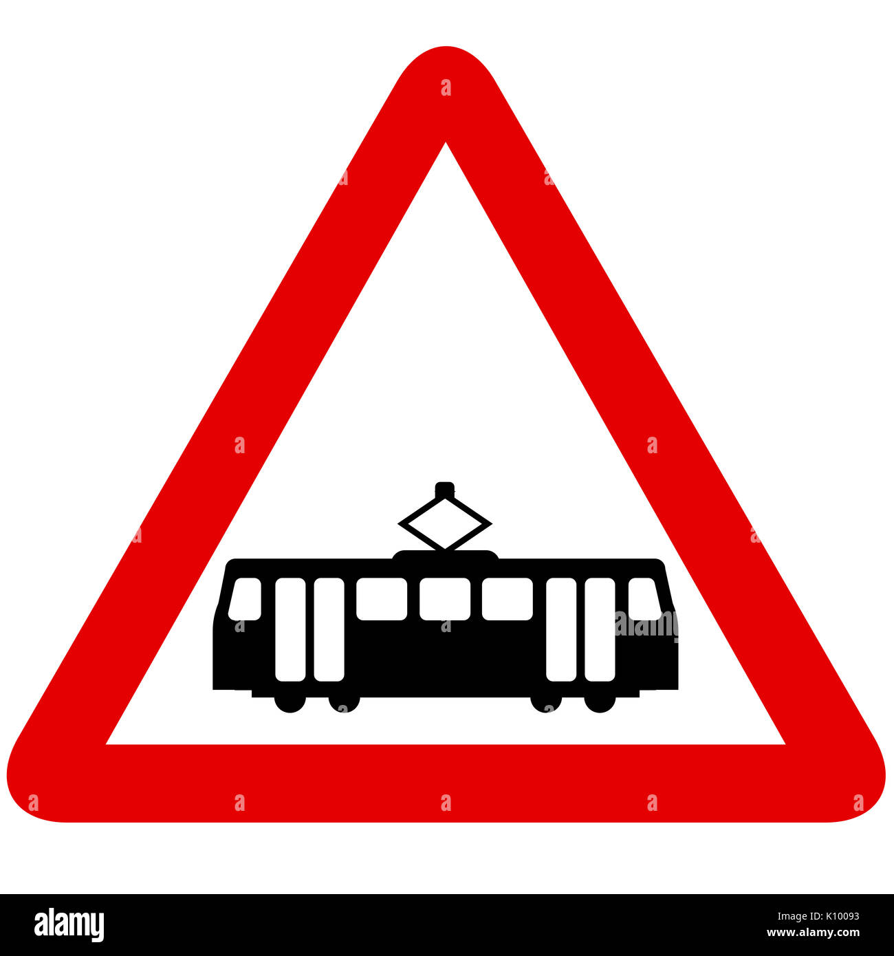 Straßenbahnen vor der Kreuzung Straße Zeichen auf weißem Hintergrund Stockfoto