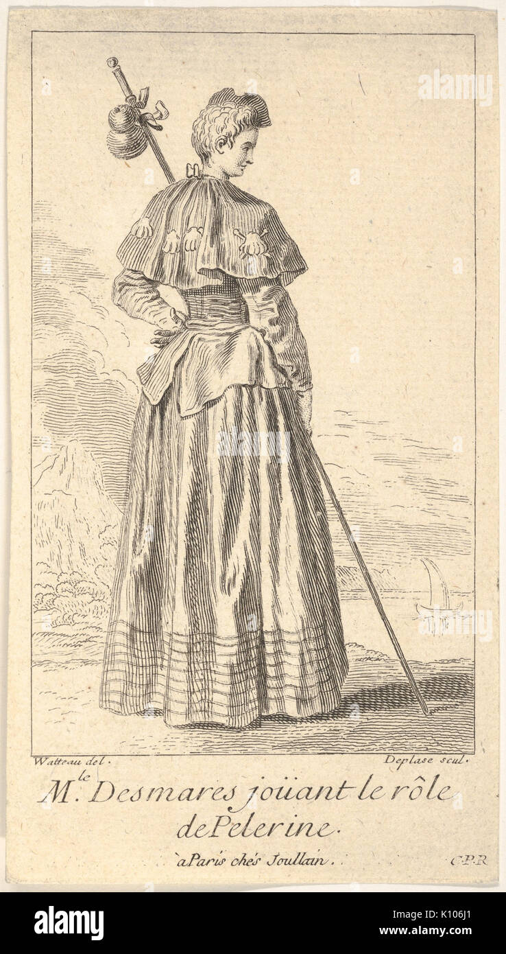 Schauspielerin Charlotte Desmares spielen die Rolle eines Pilgers, dargestellt von hinten mit dem Kopf nach rechts gedreht wird, hält sie ein Spazierstock, Jakobsmuscheln ihr Kap MET DP 834135 schmücken Stockfoto