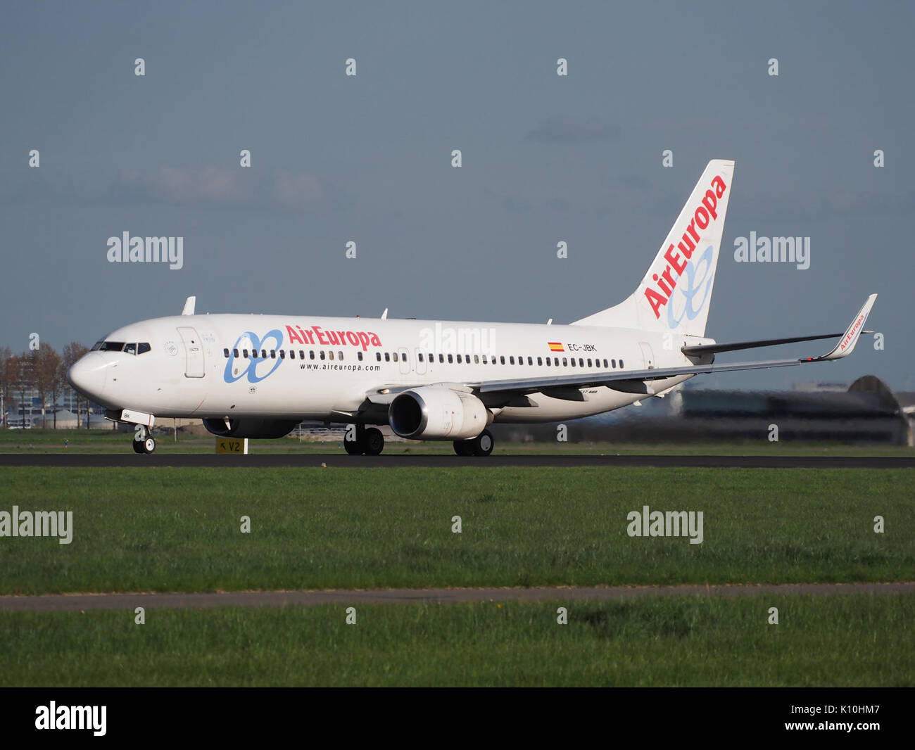 Air Europa EG JBK Boeing 737 Next Gen Start von Polderbaan, EHAM Schiphol (AMS) bei Sonnenuntergang, Bild 1 Stockfoto