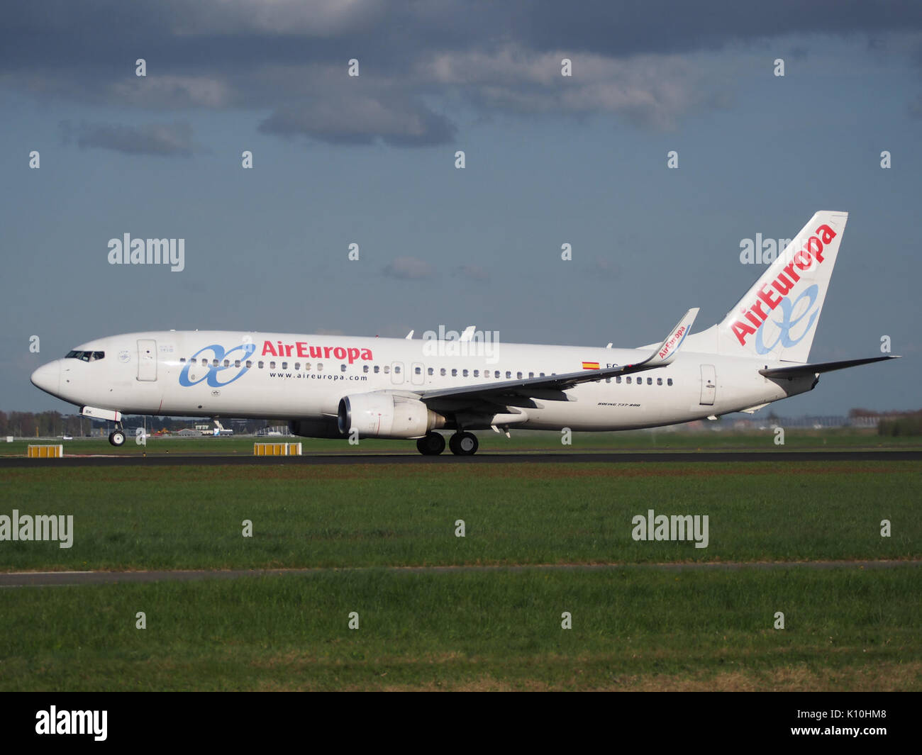 Air Europa EG JBK Boeing 737 Next Gen Start von Polderbaan, EHAM Schiphol (AMS) bei Sonnenuntergang, Bild 2 Stockfoto