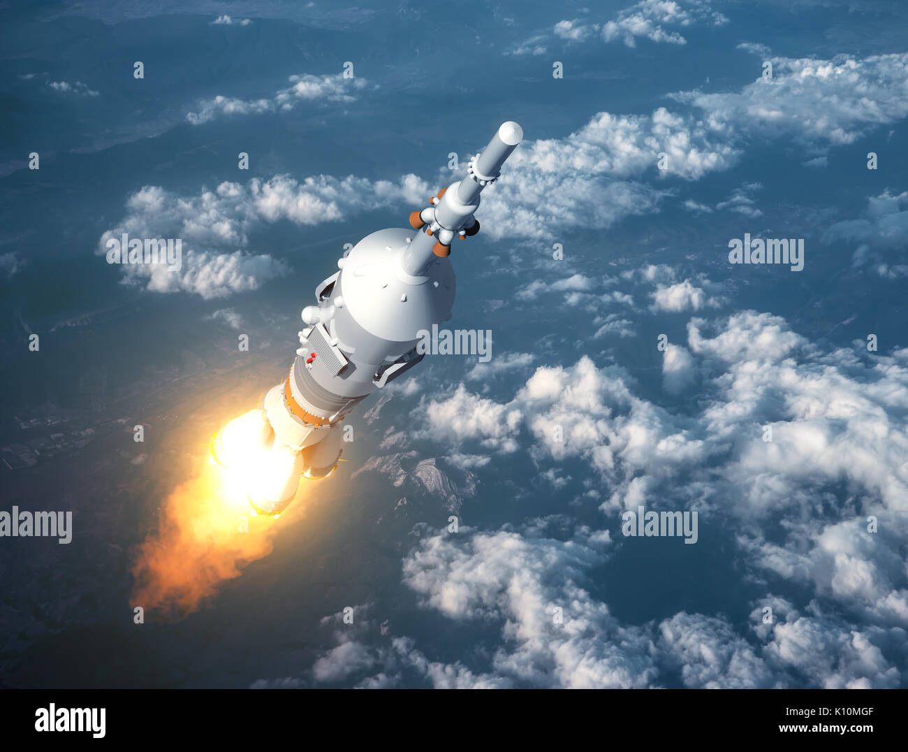 Cargo Carrier Rocket Launch in den Wolken. 3D-Darstellung. Stockfoto