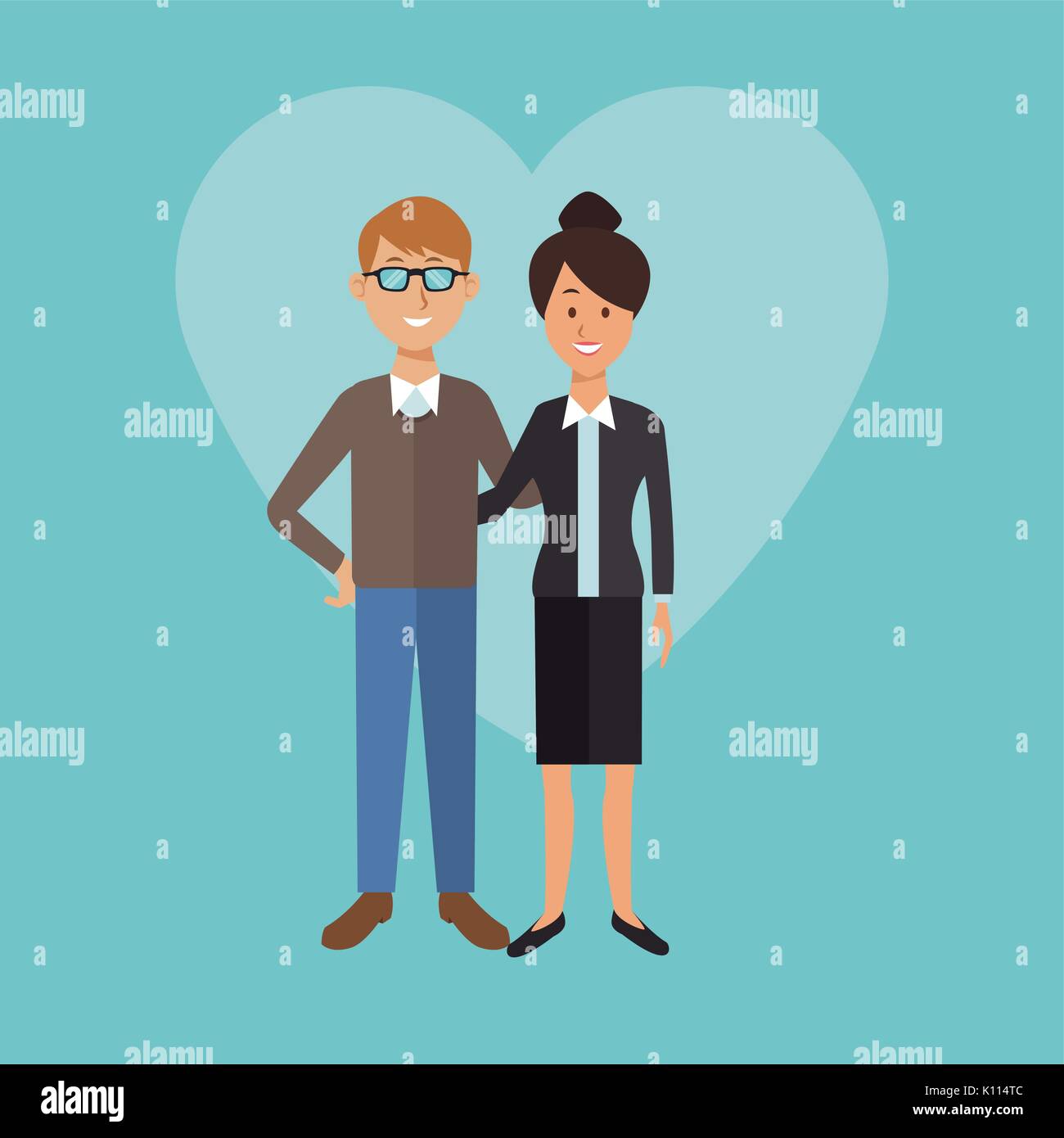 Farbe Hintergrund mit Herzen Form der volle Körper Paar blondd Mann mit Brille und Executive Frau in Anzug Stock Vektor