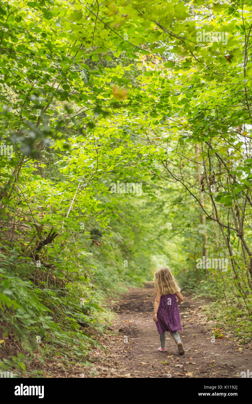 Junge Mädchen erkunden Waldland in Devon. Stockfoto