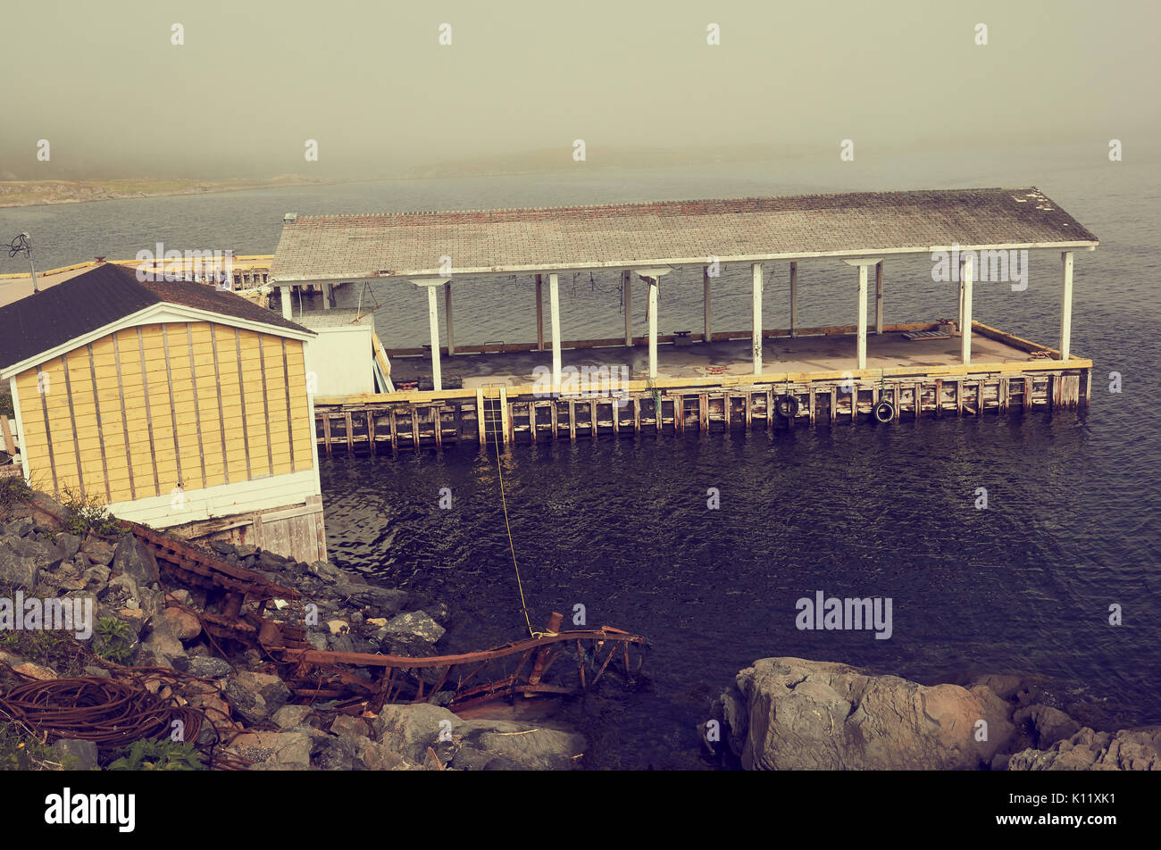 Überdachte Steg für die Schlachtung und Aufhängen von Elche, Neufundland, Kanada Stockfoto
