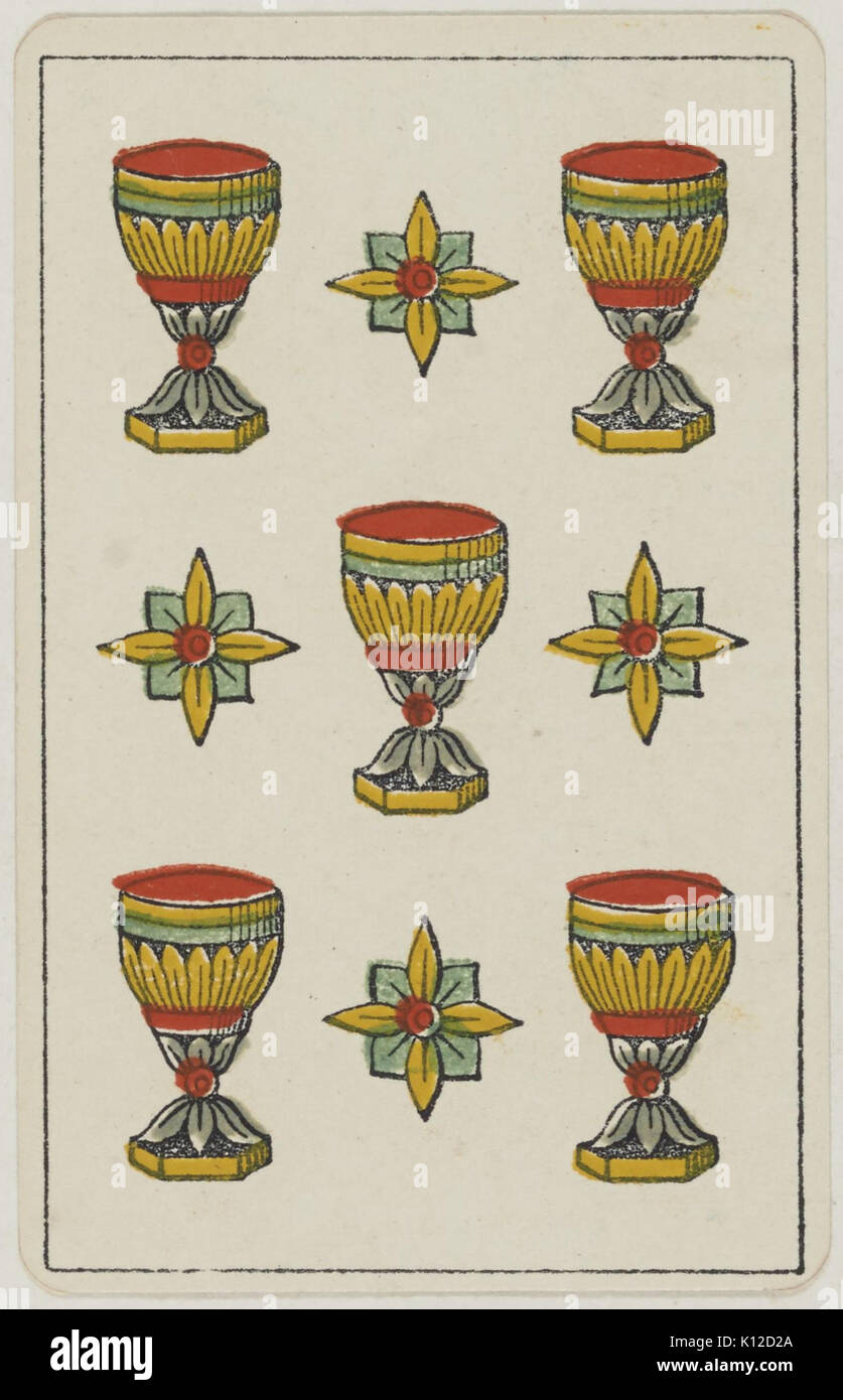 Aluette card deck Grimaud 1858 1890 Fünf von Cups Stockfoto