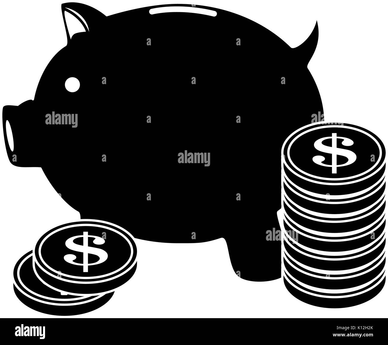 Sparschwein und Münzen Symbol auf weißem Hintergrund Vector Illustration Stock Vektor