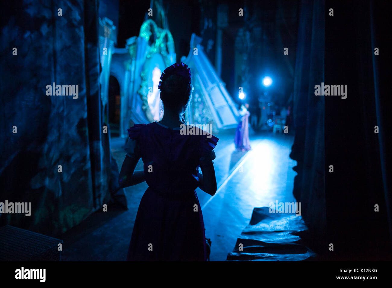 Ballett, Tanz, Magie Konzept. In Ghostly blaues Licht Dekoration für Leistung und zarte Silhouette der schlanken Ballerina tragen rosa Kleid mit sho Stockfoto