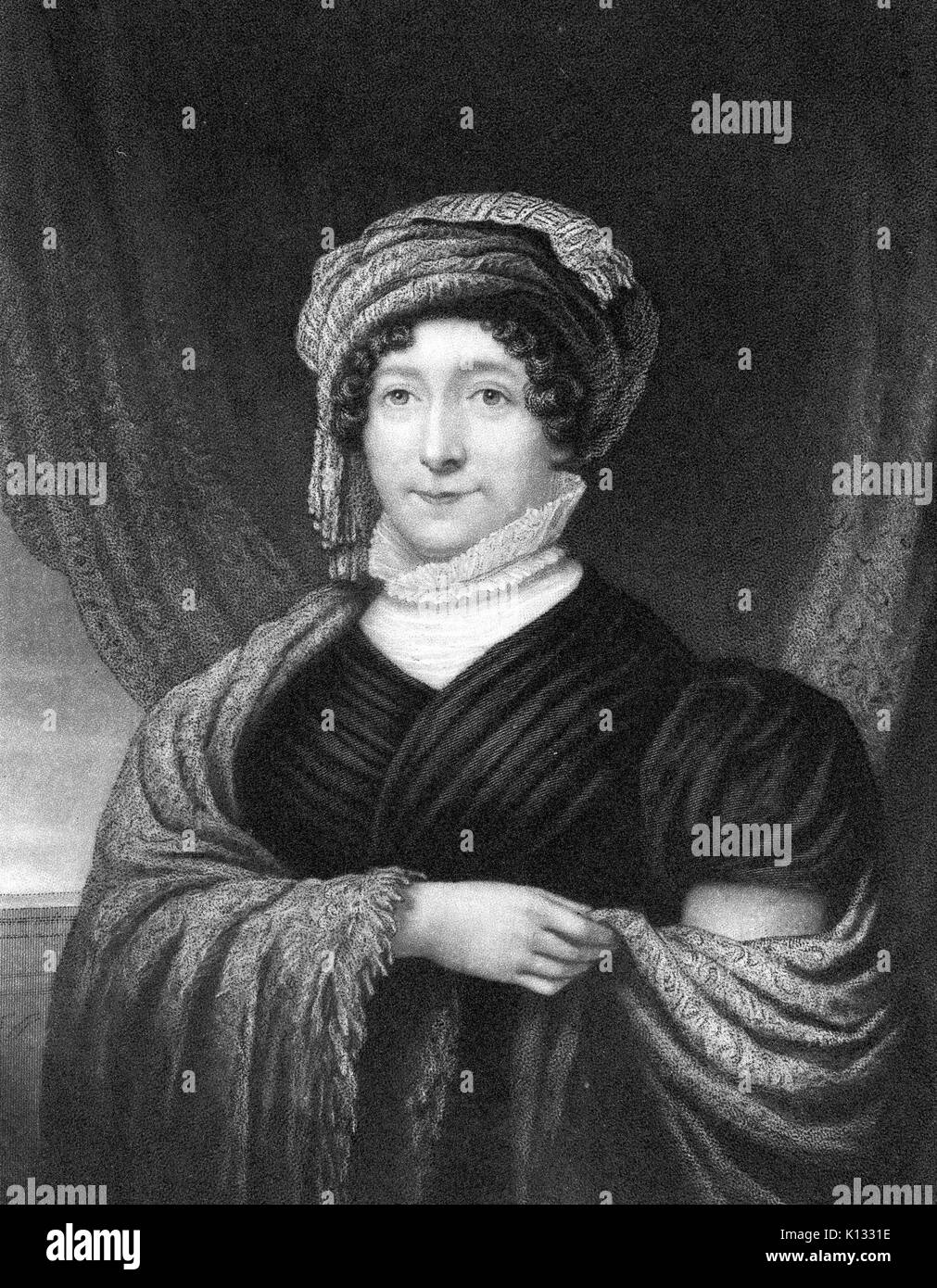 Dolley Madison, Ehefrau des Präsidenten der Vereinigten Staaten James Madison und First Lady der Vereinigten Staaten, Porträt, Stahlstich, Ms Madison in Roben, 1830 gewickelt. Stockfoto