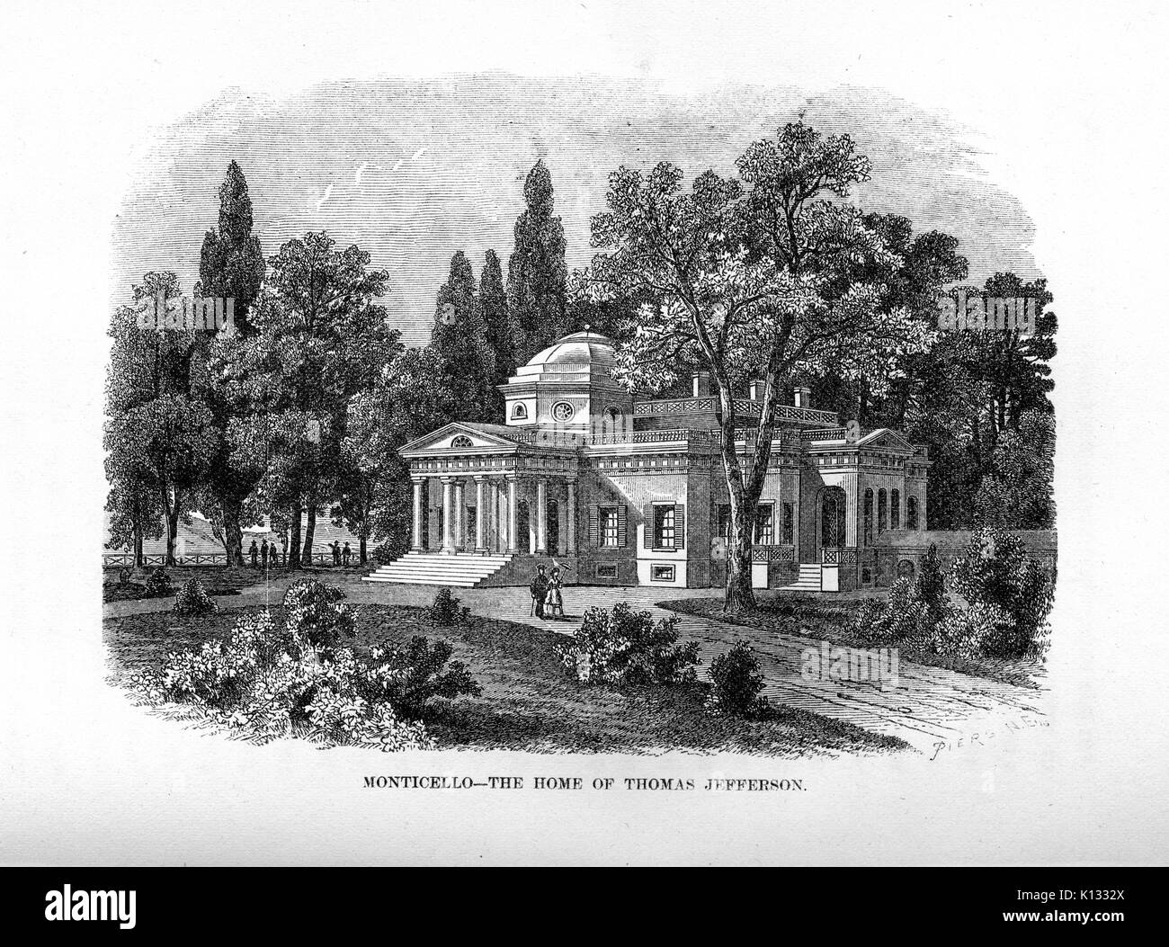 Monticello, das Haus des Präsidenten der Vereinigten Staaten Thomas Jefferson, Gravur, die das Mansion und Kuppeldach unter Bäumen am Ende der Auffahrt, Menschen sichtbar durch das Gelände, 1819 bummeln. Stockfoto