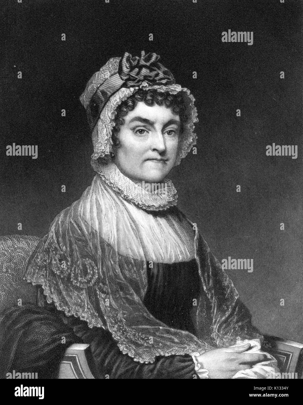 Abigail Adams, sitzenden Portrait, Stahlplatte Gravur der First Lady und Ehefrau des Präsidenten der Vereinigten Staaten John Adams, der mit einem strengen Gesichtsausdruck, das Tragen einer Mütze und Schal, 1800. Stockfoto