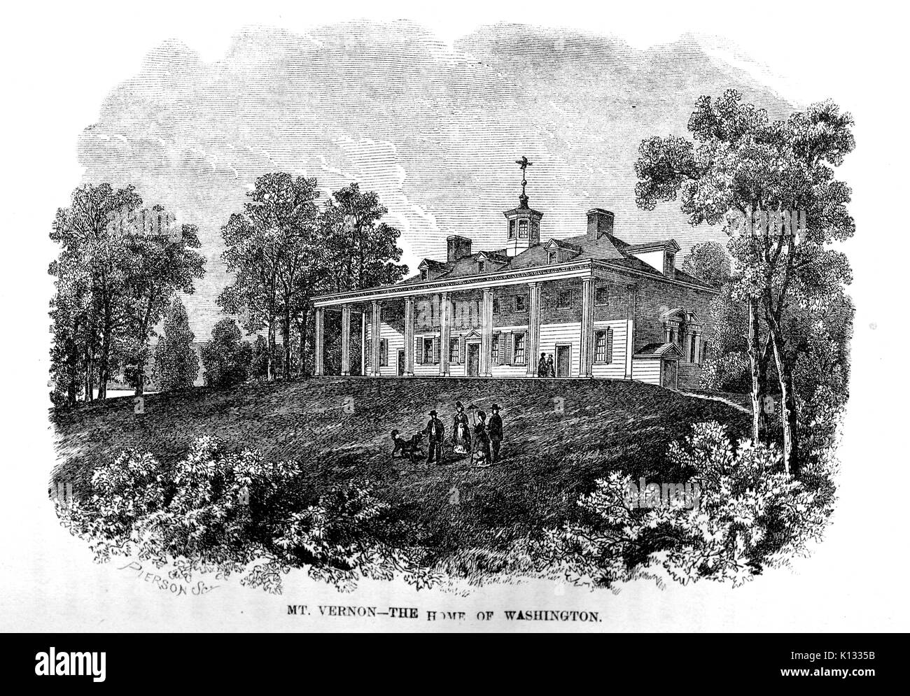 Mount Vernon Herrenhaus, das Haus von George Washington, Stahlplatte Gravur, die das Haus und Grundstück, mit einer Gruppe von gut gekleideten Menschen auf dem vorderen Rasen, 1822 bummeln. Stockfoto