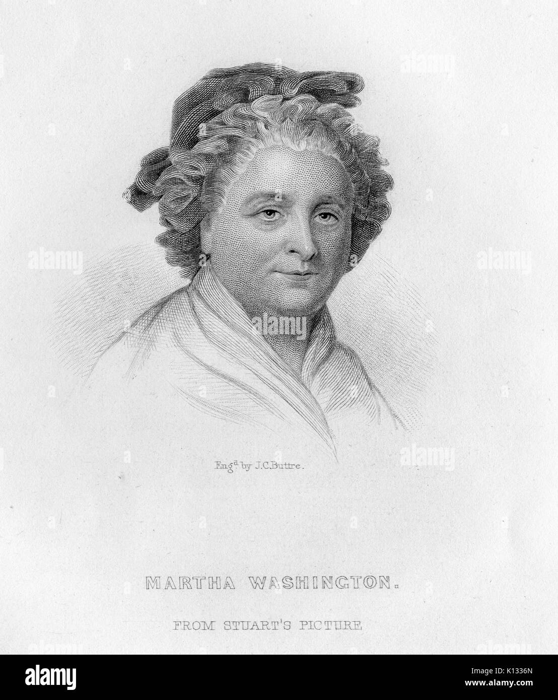 Martha Washington, Stahlstich Portrait von Washington, die Frau von George Washington und erste First Lady der Vereinigten Staaten, als eine reife Frau dargestellt, mit Hinweis lesen von Stuarts Bild, 1780. Stockfoto