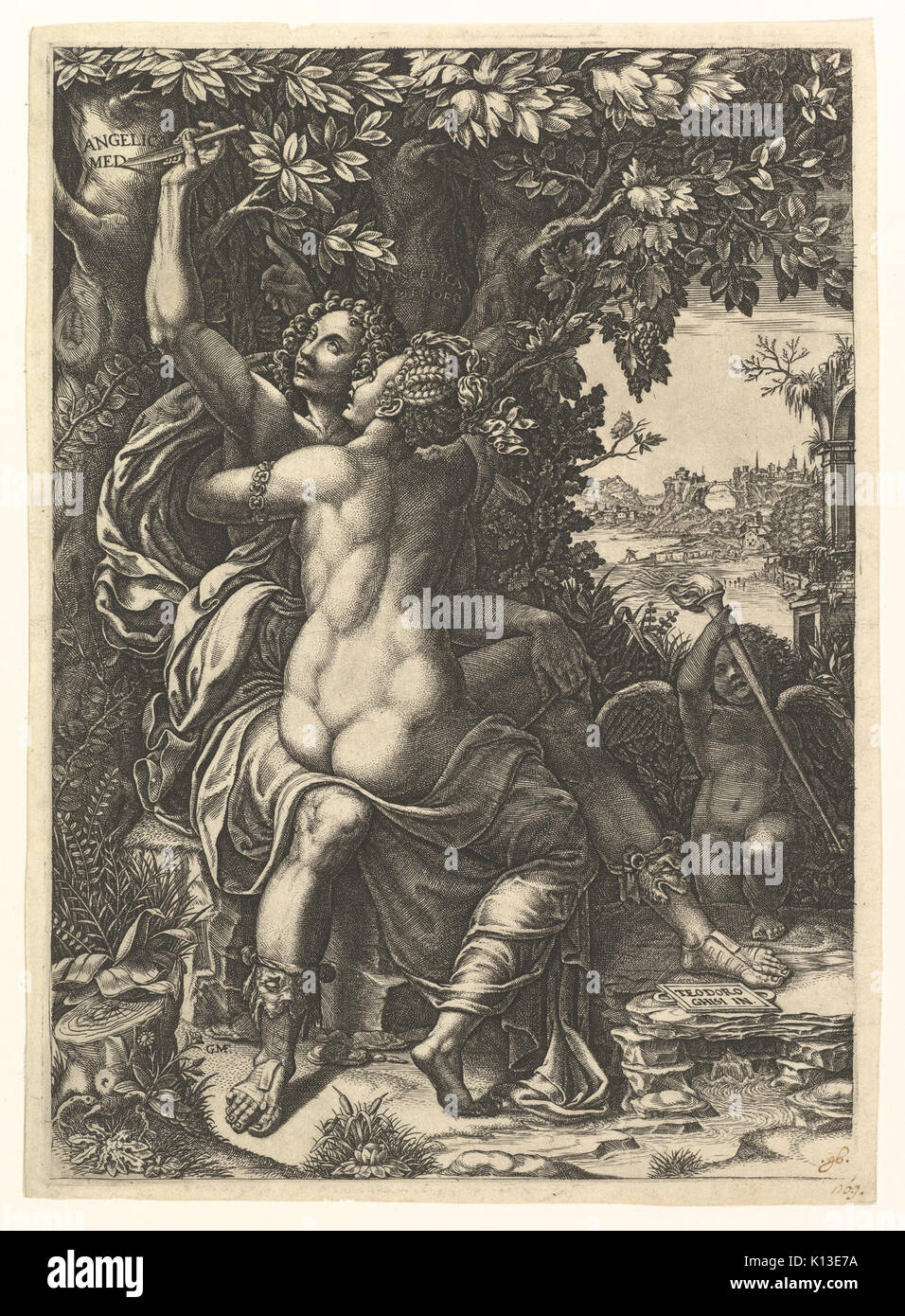 Madonna und Kind; die Paare, Medoro schnitzen ihre Namen in die Rinde eines Baumes; Amor Holding eine Fackel im Hintergrund MET DP 821524 Stockfoto