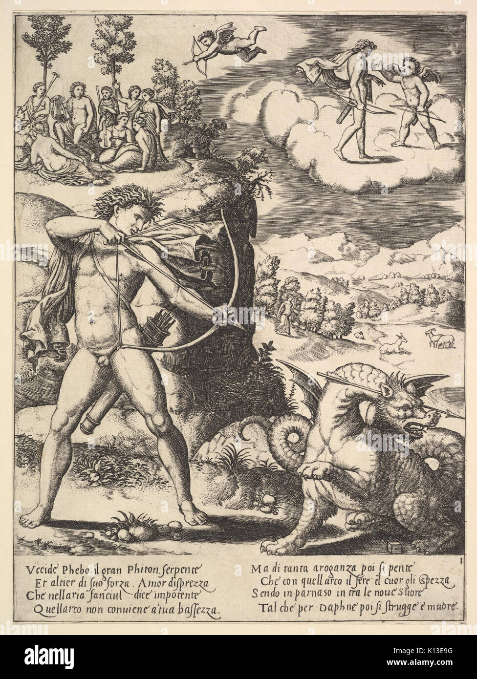 Apollo auf der linken Seite stehend Schießen ein Python mit einem Pfeil oben auf der linken Seite sind die Musen und am rechten auf einer Wolke Cupid nähert sich Apollo, aus der 'Story von Apollo und Daphne' MET DP 824407 Stockfoto