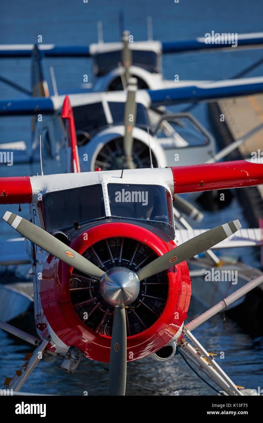 Vintage de Havilland Beaver floatplanes moored at Vancouver Harbour Flight Center, British Columbia, Kanada. Stockfoto